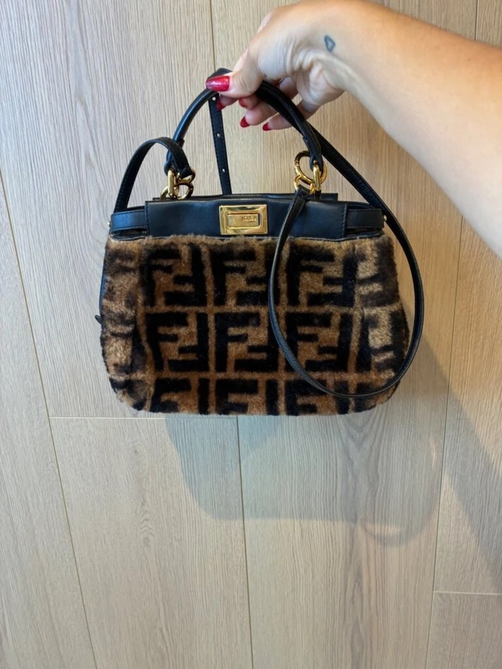 Faux Fur Logo-Print Top Handle Bag in Brown and Black